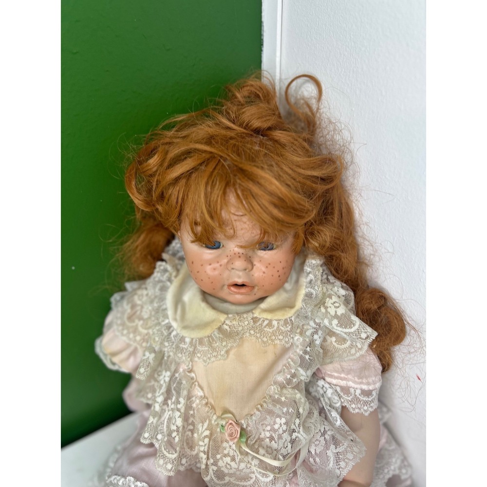 Vintage Porcelain Doll Red Hair Blue Eyes Freckles Pink Lace Dress Victorian - Picture 5 of 9